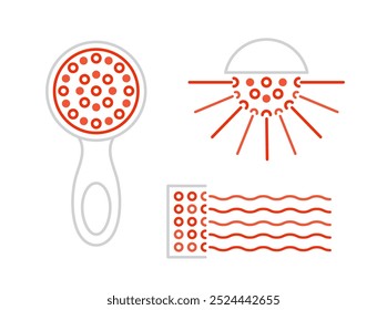 Red light therapy icons. Photobiomodulation sign in outline style. Cold laser treatment. Phototherapy symbol. Editable stroke. Medical line pictogram. Vector illustration isolated on white background