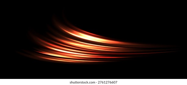 Red light trail element. Glowing neon speed line wave. Hot fire color luminous curved path concept. Bright fiery streaks for poster, banner, flyer. Abstract bent dynamic motion stripes. Vector