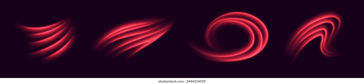 Red light trails, glowing motion effect. Hot air flow effect, warm heating wind. Abstract luminescent curves. Vector decoration.