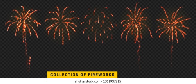 Red Light Vector Effect. Set festive fireworks isolated on transparent background.