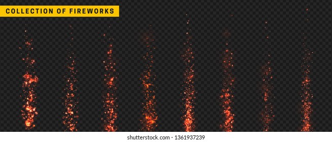 Red Light Vector Effect. Set festive fireworks isolated on transparent background.