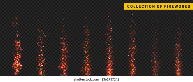 Red Light Vector Effect. Set festive fireworks isolated on transparent background.