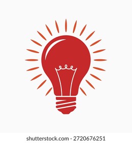 Ícone de lâmpada vermelha com raios radiantes, símbolo de novas ideias, inovação e soluções criativas.
