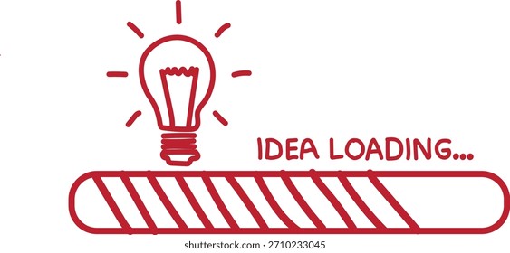 A red lightbulb with radiating lines above a loading bar with the text "IDEA LOADING..." symbolizing the process of generating a new idea.