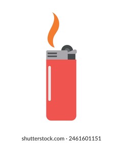 Rotes Feuerzeug mit brennender Flamme. Heller auf weißem Hintergrund. Leichtere Vektorgrafik-Ikone im flachen Cartoon-Stil, für Webdesign und Druck.