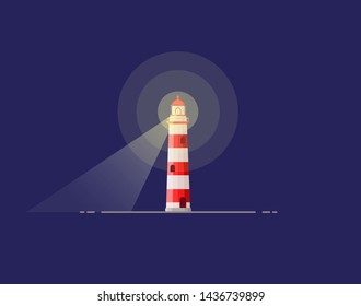 Red lighthouse, beacon at night, vector illustration.