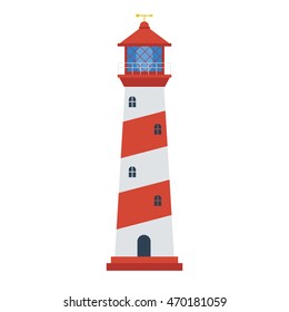 Red lighthouse icon in flat design. Sea guide tower vector illustration. Lighthouse vector icon.