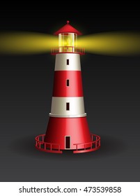 Red lighthouse on black background.
