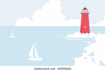 Red lighthouse on the coast and sailboats sailing in the sea