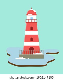 Red lighthouse on ocean landscape, lighthouse park flat illustration. Construction with big floodlight to light the way water. Searchlight tower for marine navigation guidance on blue background