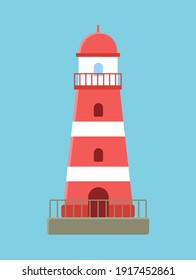 Red lighthouse on ocean landscape, lighthouse park flat illustration. Construction with big floodlight to light the way water. Searchlight tower for marine navigation guidance on blue background