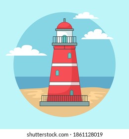 Red lighthouse on ocean or sea beach landscape with blue sky cartoon background vector illustration. Construction with big floodlight to light the way water transport, gives signals to ships in dark