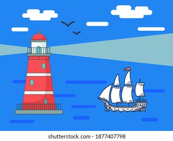 Red lighthouse on ocean or sea beach landscape with blue sky lights for a sailing ship. Construction tower with big floodlight to light the way water transport, gives signals to ships in dark