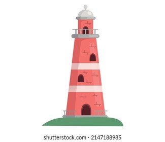 Red lighthouse on ocean or sea cartoon shore or island construction isolated tower with lantern. Construction with big floodlight to light the way water transport, gives signals to ships in dark