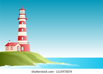 Red lighthouse and sea view - Papercut style or craft style - Vector Illustration