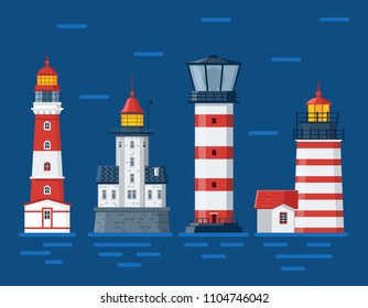 Red lighthouse set. Sea guiding light houses buildings. Pharos or beacon collection. Searchlight towers of different types in flat design.