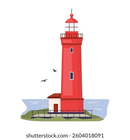 Red lighthouse with small house and sea coast Marine seaside architecture. Symbol of coastal safety, design element. Construction nautical tower with observation point and signals. Vector illustration