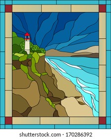 Red lighthouse stained glass window