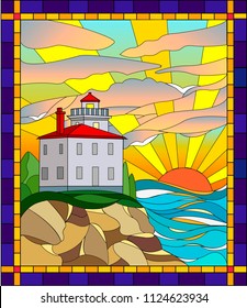 Red lighthouse stained glass window.Illustration in stained glass style lighthouse. Sea, lighthouse and rising sun in stained glass style