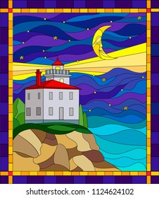 Red lighthouse stained glass window.Illustration in stained glass style with the seascape, lighthouse  on the background of the night sky and the sea