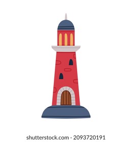 Red Lighthouse Tower Serving as Beacon for Navigational Aid Vector Illustration