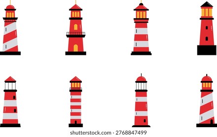 The red lighthouse vector design features a bold lighthouse icon that symbolizes guidance, safety, and strength along the coast.
