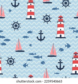 Red lighthouse, yacht and fish vector illustration. Beacon on waves seamless pattern. Marine sailing on yacht, anchor and helm equipment. Coastal beacon. Lighthouse on sea waves. Fish in ocean