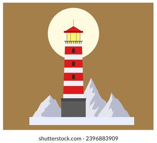 Red Lighthouses. Vector banner of cartoon flat lighthouses. Lighthouse beacon and marine seaside architecture flat style. Floodlight towers. Mountains