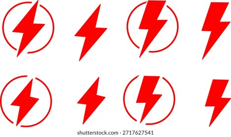 Icono rojo del relámpago fijado con el círculo y los símbolos independientes. Señales de energía eléctrica audaces ideales para diseños de energía, carga, electricidad y tecnología.