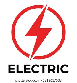 Red lightning bolt symbol inside a circle with the word electric written in black text below. Simple and bold design representing electricity, energy, and power.