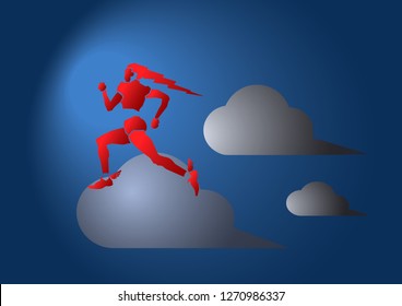 A red lightning goddess running amongst the thunderclouds. Vector illustration.