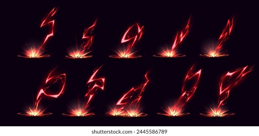 Red lightning strikes set isolated on black background. Vector cartoon illustration of magic power effect, thunderbolt impact with explosion and fire, electric discharge shock, game design elements