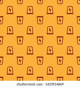 Red Lightning with trash can icon isolated seamless pattern on brown background. Waste to energy. Garbage bin sign. Recycle basket sign. Vector Illustration