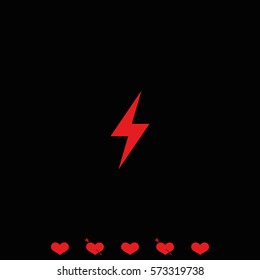 Red lightning vector icon isolated on black background.