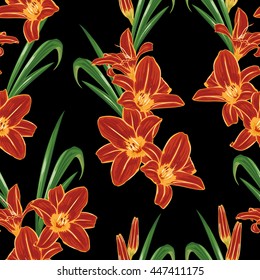 Red lilies. Bright flowers on a dark background. Seamless vector pattern