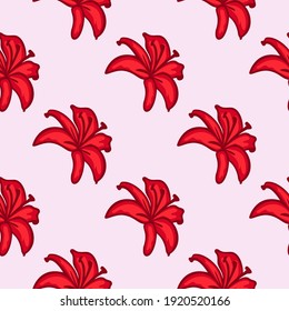 Red lilies floral seamless pattern design, flower on pink background for web and print. Vector Illustration