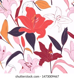 Red lilies hand-drawn background. Vector summer flowers, isolated botany pattern. Garden bloom fabrics, flowery wrapping paper deign. Leaves and petals blossom graphics