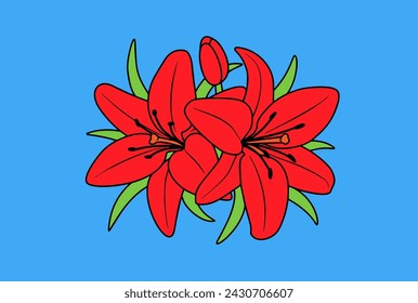 red lilies on a blue background large,