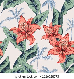 Red lily flowers, green banana leaves, palm trees, light background. Vector floral seamless pattern. Tropical illustration. Exotic plants. Summer beach design. Paradise nature