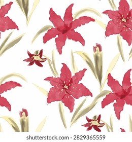Red Lily Seamless Pattern, Watercolor Floral Background with Blooming Red Flowers and Sage Green Leaves, Elegant Botanical Textile and Wallpaper Design.