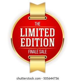 Red limited edition badge, button with gold border on white background