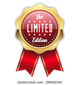 Red limited edition rosette with gold border on white background