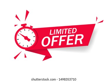Red limited offer with clock for promotion, banner, price. Label countdown of time for offer sale or exclusive deal.Alarm clock with limited offer of chance on isolated background. vector illustration