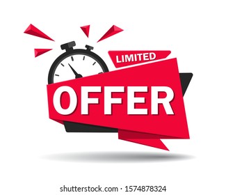 Red limited offer with clock for promotion, banner, price. Label countdown of time for offer sale or exclusive deal.Alarm clock with limited offer of chance on isolated background. vector illustration