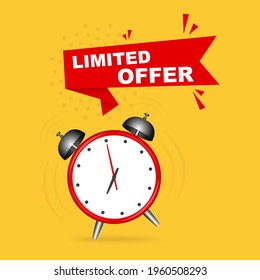 Red limited offer with red clock for promotion, banner, price. Alarm clock with limited offer of chance on isolated background.  Vector illustration.