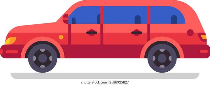 Red limousine car featuring tinted windows, parked against a white background, showcasing a luxurious vehicle designed for elegant transportation services and VIP travel