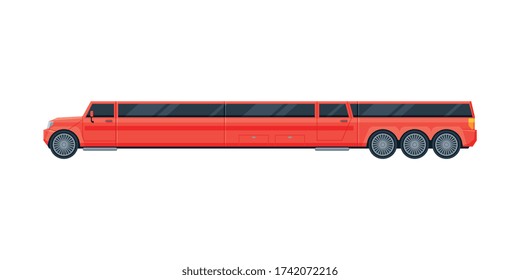 Red Limousine Car, Premium Luxurious Limo Vehicle, Side View Flat Vector Illustration