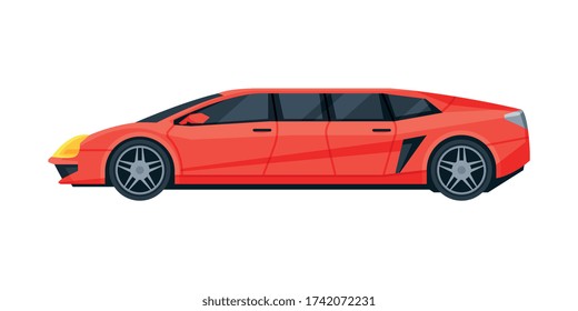 Red Limousine, Elegant Premium Luxurious Vehicle, Side View Flat Vector Illustration