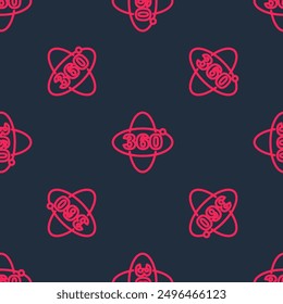 Red line 360 degree view icon isolated seamless pattern on black background. Virtual reality. Angle 360 degree camera. Panorama photo.  Vector