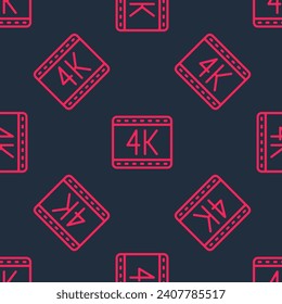 Red line 4k movie, tape, frame icon isolated seamless pattern on black background.  Vector